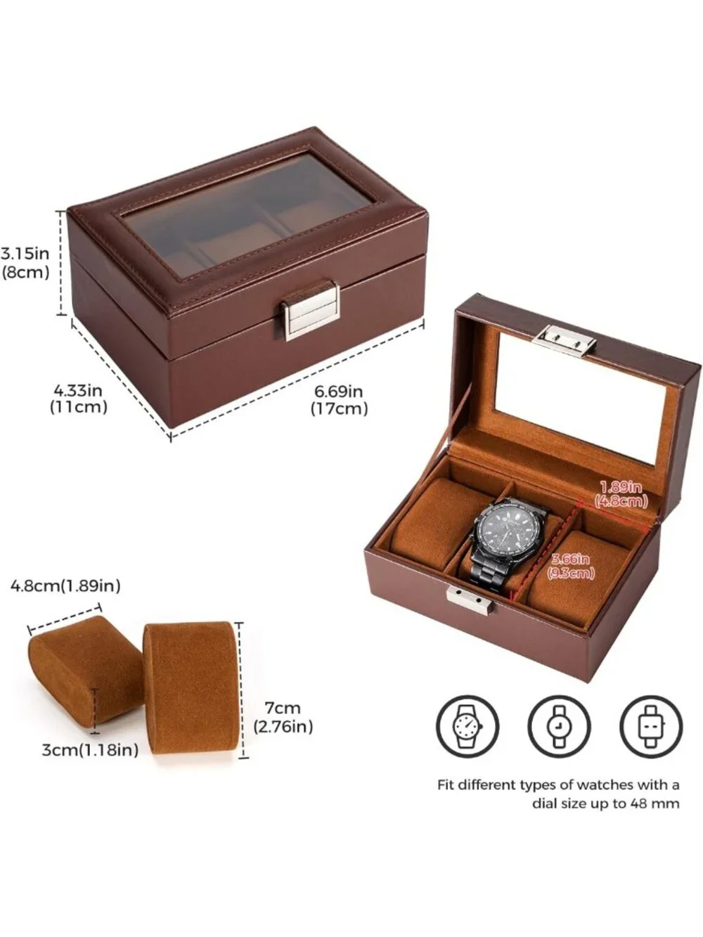 3-Slot Men's Watch Display Case, Elegant Espresso Watch Box for Collectors